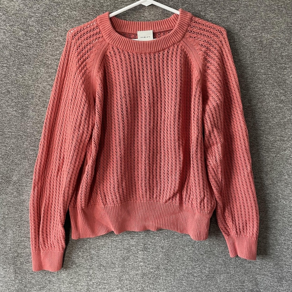 Varley Sweater Womens XL Pink 100% Cotton Crewneck Open Knit Pullover Top